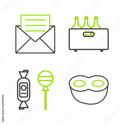 Set line Festive mask, Lollipop, Bottles of wine in wooden box and Envelope with invitation card icon. Vector