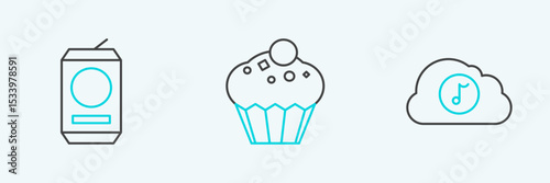 Set line Music streaming service, Beer can and Muffin icon. Vector