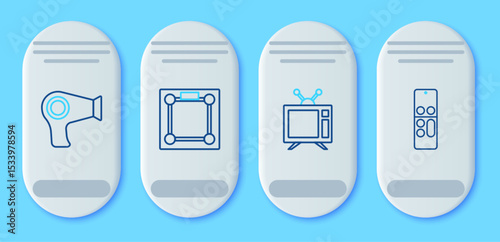 Set line Bathroom scales, Television, Hair dryer and Remote control icon. Vector