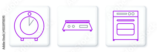 Set line Oven, Kitchen timer and Electronic scales icon. Vector