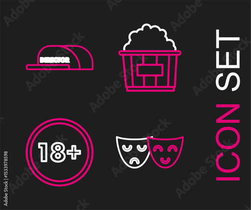 Set line Comedy and tragedy theatrical masks, Under 18 years, Popcorn in cardboard box and Cap with inscription director icon. Vector