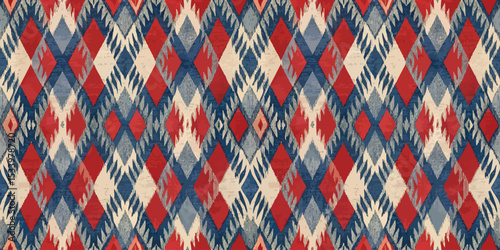 Vibrant geometric pattern featuring red, blue, and cream tones.