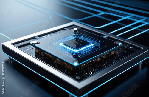 Futuristic Microchip – Close-up of a Glowing Processor on a Technological Background