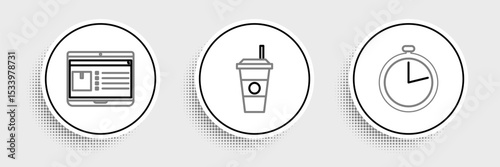 Set line Stopwatch, Laptop with app delivery tracking and Coffee cup icon. Vector