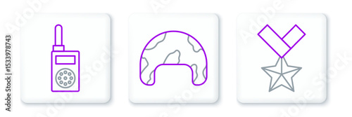 Set line Military reward medal, Walkie talkie and helmet icon. Vector