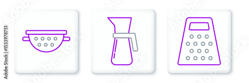 Set line Grater, Kitchen colander and Measuring cup icon. Vector