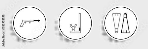 Set line Rubber flippers for swimming, Fishing harpoon and Snorkel icon. Vector