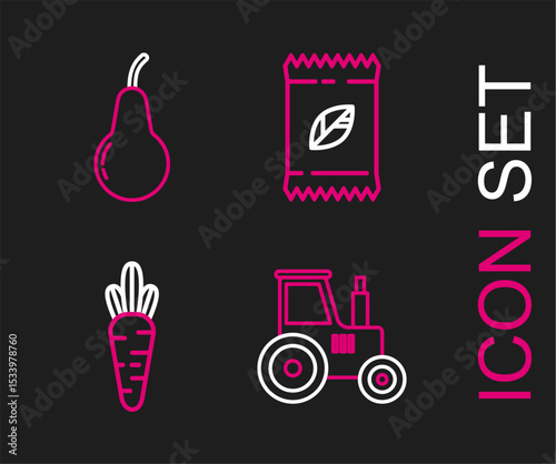 Set line Tractor, Carrot, A pack full of seeds of specific plant and Pear icon. Vector