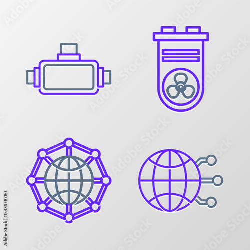 Set line Global technology or social network, Video graphic card and Virtual reality glasses icon. Vector