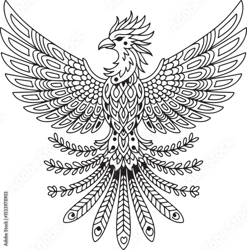 Elegant black and white phoenix bird with open wings illustrating mythological art for creative designs