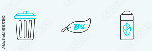 Set line Recycling plastic bottle, Trash can and Leaf Bio symbol icon. Vector