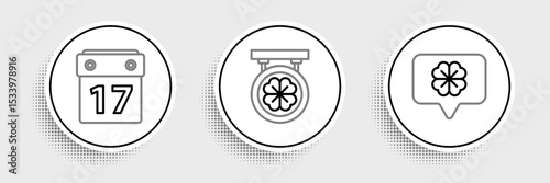 Set line Four leaf clover in speech bubble, Saint Patrick's day with calendar and Street signboard four icon. Vector