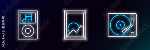 Set line Vinyl player with a vinyl disk, Music and Picture landscape icon. Glowing neon. Vector