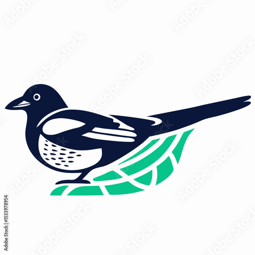 Stylized Magpie Bird Illustration on Leaf