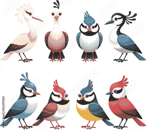 A delightful collection of cartoon birds in various poses and eye-catching colors on a white background
