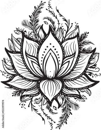 Beautiful detailed black and white lotus flower with intricate line art and delicate floral elements