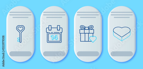 Set line Calendar with February 14, Gift box and heart, Key in shape and Candy shaped icon. Vector