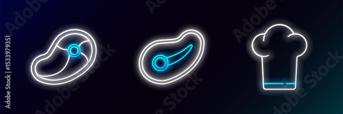 Set line Chef hat, Steak meat and icon. Glowing neon. Vector