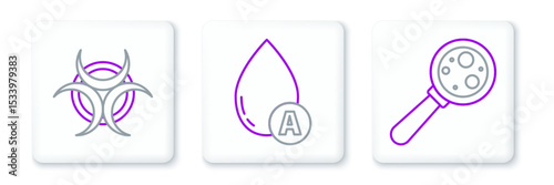 Set line Microorganisms under magnifier, Biohazard symbol and Water drop icon. Vector