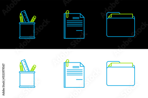 Set line Document folder, Pencil case stationery and File document and paper clip icon. Vector
