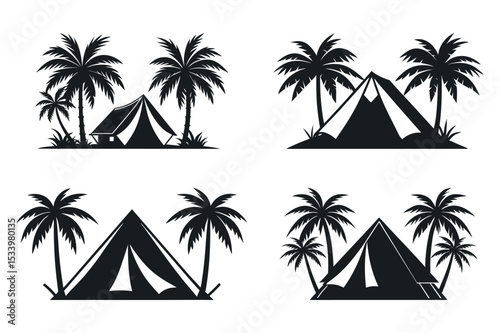 Camping tent silhouette under palm trees vector illustration - tropical outdoor travel scene.