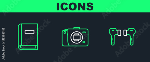Set line Air headphones, User manual and Mirrorless camera icon. Vector