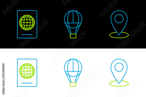 Set line Map pin, Passport with biometric data and Hot air balloon icon. Vector