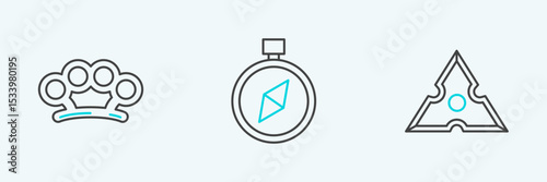 Set line Japanese ninja shuriken, Brass knuckles and Compass icon. Vector