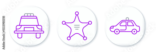 Set line Police car and flasher, and Hexagram sheriff icon. Vector