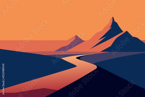 Vector landscape illustration with mountain range and river at sunset