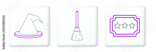 Set line Ticket, Witch hat and Witches broom icon. Vector