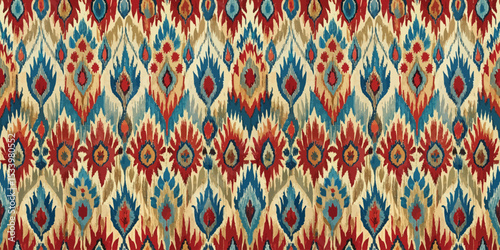 Vibrant textile pattern featuring bold red, blue, and gold hues.