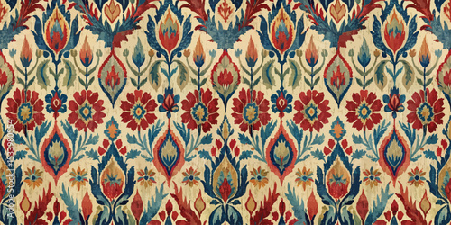 Colorful vintage floral pattern with intricate designs in rich hues.