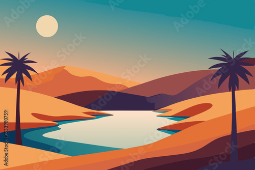 Vector desert landscape with palm trees and oasis