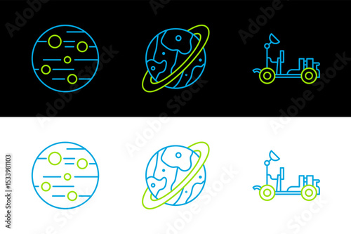 Set line Mars rover, Planet and Space capsule and parachute icon. Vector