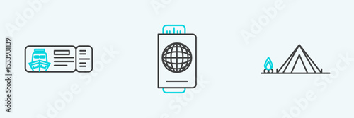 Set line Tourist tent with wood fire, Cruise ticket for traveling by ship and Passport icon. Vector