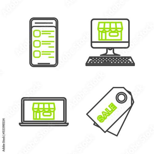 Set line Price tag with an inscription Sale, Shopping building screen laptop, computer and Online shopping mobile phone icon. Vector