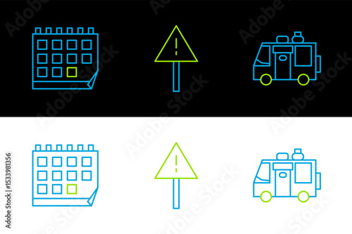 Set line Rv Camping trailer, Calendar and Exclamation mark triangle icon. Vector