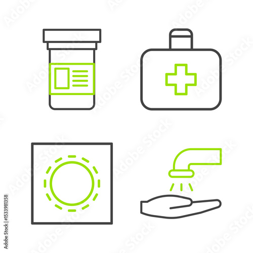 Set line Washing hands with soap, Condom package safe sex, First aid kit and Medicine bottle icon. Vector