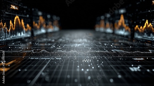 Digital business background data charts glowing analytics elements and futuristic grid overlay tech driven workspace visualization