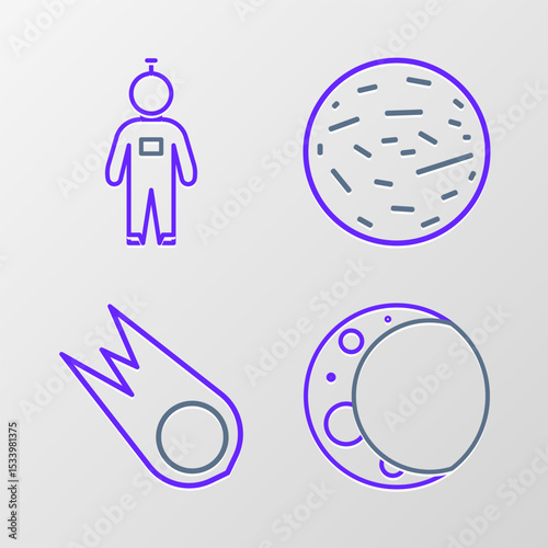 Set line Moon, Comet falling down fast, Planet Mars and Astronaut icon. Vector