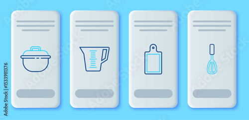 Set line Measuring cup, Cutting board, Cooking pot and Kitchen whisk icon. Vector