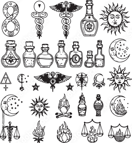 Intricate hand drawn black and white symbols of alchemy magic witchcraft esoteric and mystical elements