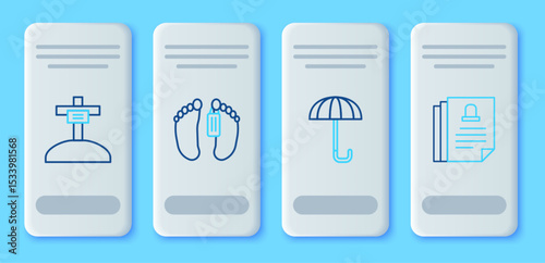 Set line Dead body, Umbrella, Grave with cross and Death certificate icon. Vector
