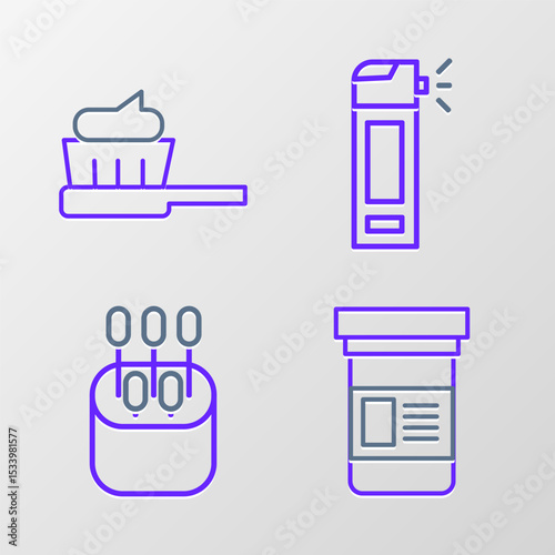 Set line Medicine bottle, Cotton swab for ears, Bottle with nozzle spray and Toothbrush toothpaste icon. Vector