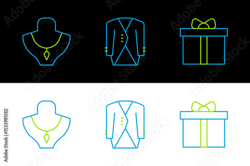 Set line Gift box, Necklace on mannequin and Suit icon. Vector