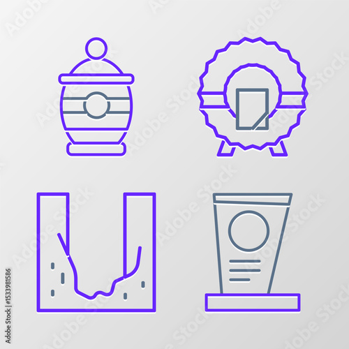 Set line Grave with tombstone, Cemetery digged grave hole, Memorial wreath and Funeral urn icon. Vector