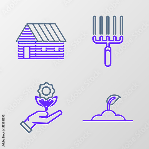 Set line Sprout, Hand holding flower, Garden rake work and Farm house icon. Vector