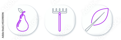 Set line Leaf, Pear and Garden rake icon. Vector