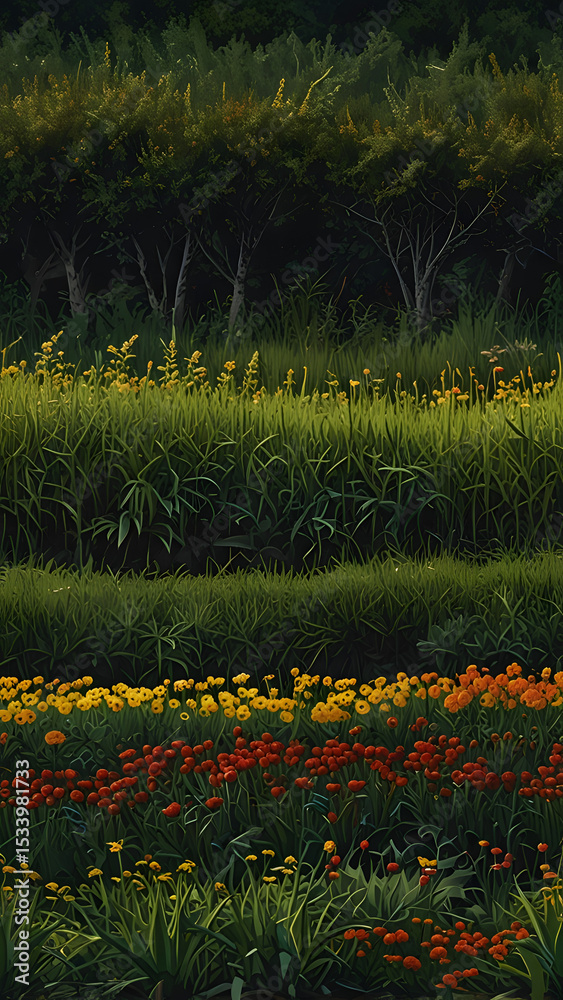 custom made wallpaper toronto digitalFlowerbed with colorful tulips, cherry blossoms, the rape blossoms blooming along the river are in full bloom, field of yellow flowers, landscape and a lawn with lots of dandelions in the bright sun.